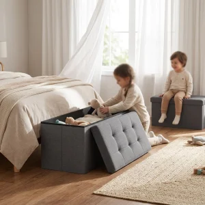 Linen Fabric Folding Storage Ottoman Bench