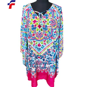 Women Plus Mama Size Woven Polyester Chiffon Blouse Tops for Ladies with V Neck Tie Front Poncho Bordery Print