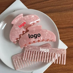 Ume Hot Sale Support Customized Logo Color Size High Quality Simple Pink Marble Women Acetate Hair Claw Clips Comb Set