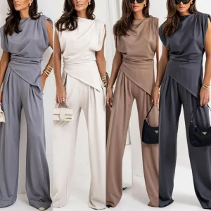 Women's Casual Fashion Spring and Summer New Item Solid Color Irregular Waist Collection Chiffon Suit for Daily Wear