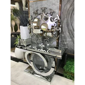 (MN-MS26) Modern Hotel Hallway/Living Room Furniture Silver Steel Glass Console Table with Mirror
