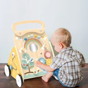 Centro de Atividades para Bebês com Andador de Madeira, Painel de Atividades, Carrinho de Puxar e Empurrar, Brinquedo de Aprendizagem para Bebês