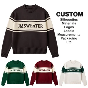 OEM Custom Men Cotton Crew Neck Knitted Sweater Long Sleeve Letter Pattern Vintage Stripes Pullover Letter Man Sweater