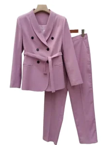Pink Lilac Trim Women's Suit – Chic Double-Breasted Business Formal Wear