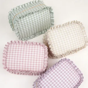 Cute Cotton Large Women Travel Zipper Pouch Toiletry Storage Organizer Wash Bag Gingham Cosmetic Bag Ruffle Makeup Pouch