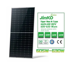 Painéis Solares Bifaciais Jinko 605-630W Tecnologia de Lado Duplo Tipo N 132 Células IP68 Classificação Uso Comercial Industrial Energia Estoque