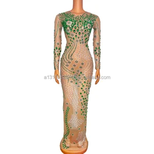 Full Diamond Sequin Hexagonal Star Dress Wrapped Tight Long Sleeve Skirt Mesh See-through Female Singer Model Stage Dress