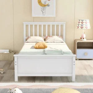 Cama infantil de plataforma blanca con cajones