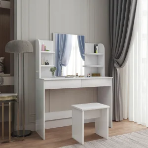 Dressing Table Set with Stool and Mirror, Cosmetic Table with High Gloss Tabletop MDF Wood Makeup Table Vanity Set
