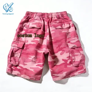 Custom Digital Printed Cotton Summer MID Rise Cargo Shorts Elastic Waist Camo Pockets Distressed Casual Men's Shorts