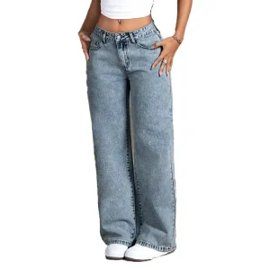Jeans largos femininos soltos com um corte reto ajustado