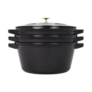 Enameled Cast Iron Set 3-pc Stackable Space-Saving Cookware Set Casserole Skillet Grill Pan with Universal Lid