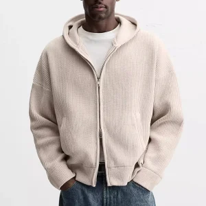 Simple Design Solid Color Drop Shoulder Long Sleeve Knitwear Zipper-up Closure Knit Hoodie Sweaters Cardigan For Men