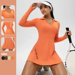 Vestido de Tênis de Manga Longa com Lapela, Secagem Rápida, Decote em V, Vestido Casual Esportivo Feminino