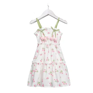 Girls Floral Sundress Luna Pink Cherry Print Green Strap Ruffle Hem Summer Dress Sweet Holiday Wear for Casual Party