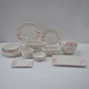 Custom Artisan Bow-Embossed Dolomite Dinnerware Set – 12-Piece Hand-Painted Ceramic Tableware with 3D Bow Relief | Pink Accents, Dishwasher & Oven Safe Factories, Company