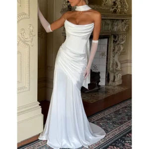 Vestido de lujo ligero de alta calidad para mujer, sin tirantes, con hueso de pescado, plisado y ajustado