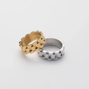 Waterproof Dainty Stacking Jewelry Cuban Chain Link Ring 18K Gold Plated Stainless Steel Bold Dome Wide Watch Band Rings
