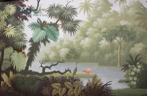 Zhenling Hand-Painted Red-Crowned Crane and Indian Architecture Design Wallpaper for Indoor Wall Decoration