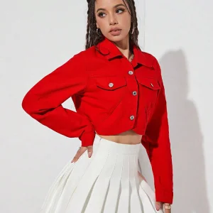 Women's Red Cropped Denim Jacket with Button Front and Flap Pockets
