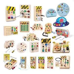 2024 Cpc Ce Montessori Busy Board LED Light Switch Simulation Car Steering Wheel Sensory Training Wooden Busy Activity Board