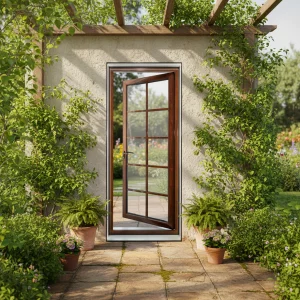 Modern Manual Red Wood Grain Single Outward Opening Aluminum Glass Door with Sound Insulation for Villa Courtyard Entrance