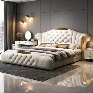 Conjuntos de camas dobles de lujo de cuero y mármol con gran cabecera, solución integral para suite de dormitorio italiano para villa