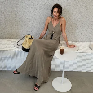 Vestido Maxi Liso com Alças Finas Casual Solto Longo