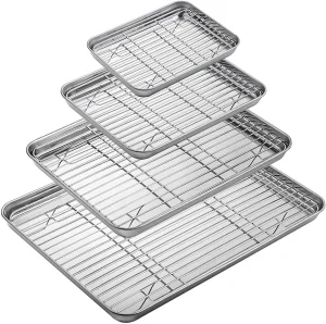 2025 HOT Easy Clean 304 Stainless Steel Baking Sheet Set Cookie Sheet Baking Pans with Cooling Rack for Kitchen BBQ