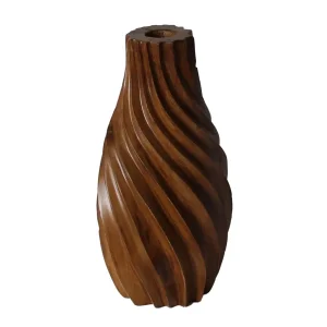 Swirled Teak Wooden Vase, Carved Spiral Texture, Artisan Decor Vase