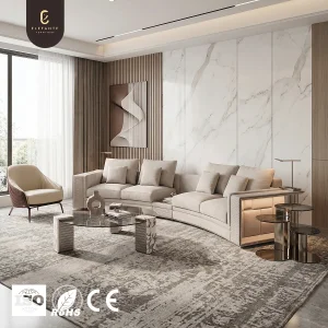 Luxury Curved Sectional Sofa with Built in LED Light Premium Beige Fabric Couch for Modern Living Room and Villa Spaces