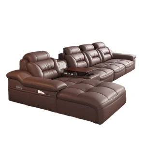 Premium Quality Italian Genuine Leather Modern Sectional Sofa Set USB Charging Cup Holder Wood Remote Control Living Room