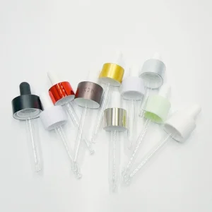 Wuxi Factory 18mm 20mm Custom Made Essential Oil Bottle Electrolytic Aluminum Dropper Cap Assembly 22mm 24mm Aluminum Collar with Rubber Head and Glass Pipette