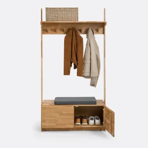 Modern Solid Wood Storage Wardrobe with Hooks &amp; Padded Bench for Entryway Organization