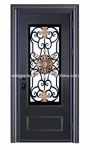 Good Quality Half Glass with Wrought Iron Flower Security Exterior Metal Steel Screen Door with Lock and Handle