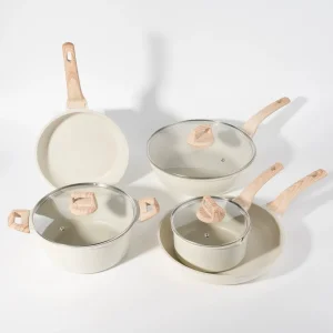 Aluminum Alloy Non Stick Ceramic Cookware Set with Wooden Style Handles Frying Pan Saucepan Pot with Glass Lids