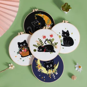 Cute Moonlit Black Cat Cotton DIY Embroidery Set Handmade Cross Stitch Kit for Beginners Home Decor Gift English Instruction