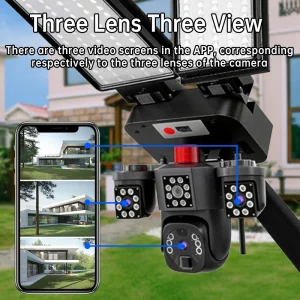 Rscamtom ES Outdoor Security Camera Triple Lens Night Vision 16W Solar Panel Two-Way Audio 4G Solar Street Light Camera