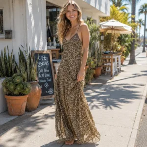 Vestido Maxi de Alças Finas com Estampa de Onça para Mulheres, Costas Profundas e Sem Costas, Plissado em Chiffon, Fluido, Comprimento de Chão, Vestido de Praia para Férias, Logotipo Personalizado em Estoque, Atacado