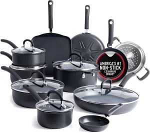 Ultimate Hard Anodized Nonstick Pots and Pans Set 17 Piece, Nonstick Cookware Set with Fry Pan, Saucepans, Saute-Pan, Griddle, Dishwasher Safe, Onyx