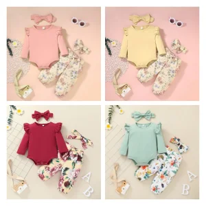 Ropa de Navidad para Niñas Pequeñas Conjuntos de Pantalones de Impresión de Flores Sólidas con Cuello Redondo de Manga Larga y Volantes 3 Piezas