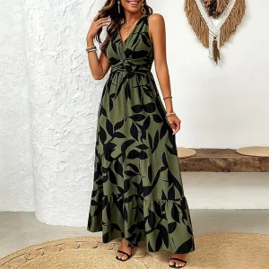 Vestido Maxi Sem Mangas com Estampa de Folhas Verdes Boho, Decote em V, Frente Torcida, Cintura Alta, Fluido, em Camadas, Casual de Verão para Praia