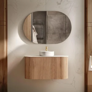 Olife Banos 2025 Modern Special Design Fluted Stripe Plywood Sintered Stone Counter Bathroom Vanity with Ceramic Basin