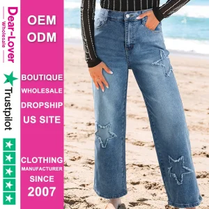 Dear-Lover Wholesale Pantalones Mujer Boutique Dropshipping Suppliers Star Patchwork Cropped Wide Leg High Waist Denim Jeans