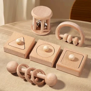 New Design Children's Wooden Toy Rattle 0-3 Years Old Infant Early Education Grasping Geometric Shape Matching Toy Set