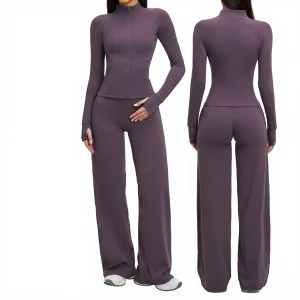 European American Breathable Lightweight Long Sleeve Yoga Suit Casual Yoga Coat Sports Running Fitness 2 Piece Set Front 4510