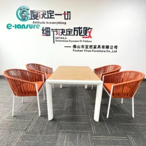 Factory Hot Selling Premium Long Lasting Outdoor Dining Set Aluminum Frame Rope Seat and Durable Plywood Table for Patio Poolside