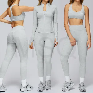 Gym Clothes Yoga Active Wear 3 Pcs Workout Sets Sports Bra Long Sleeve Full Zip Jacket and Butt Lifting Leggings Sets for Women
