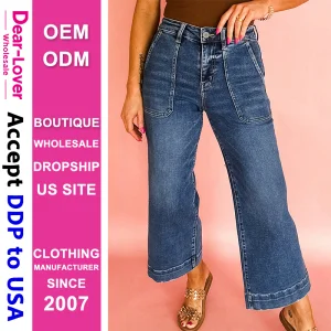 Dear-Lover Wholesale Western Boutique Fashion Trendy Pantalones Mujer Blue Cropped High Rise Denim Pants Wide Leg Women Jeans