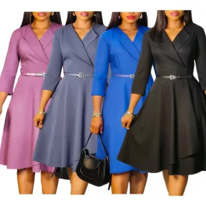 Vestido de oficina elegante de mujer profesional de otoño - Con cuello en V y cintura alta